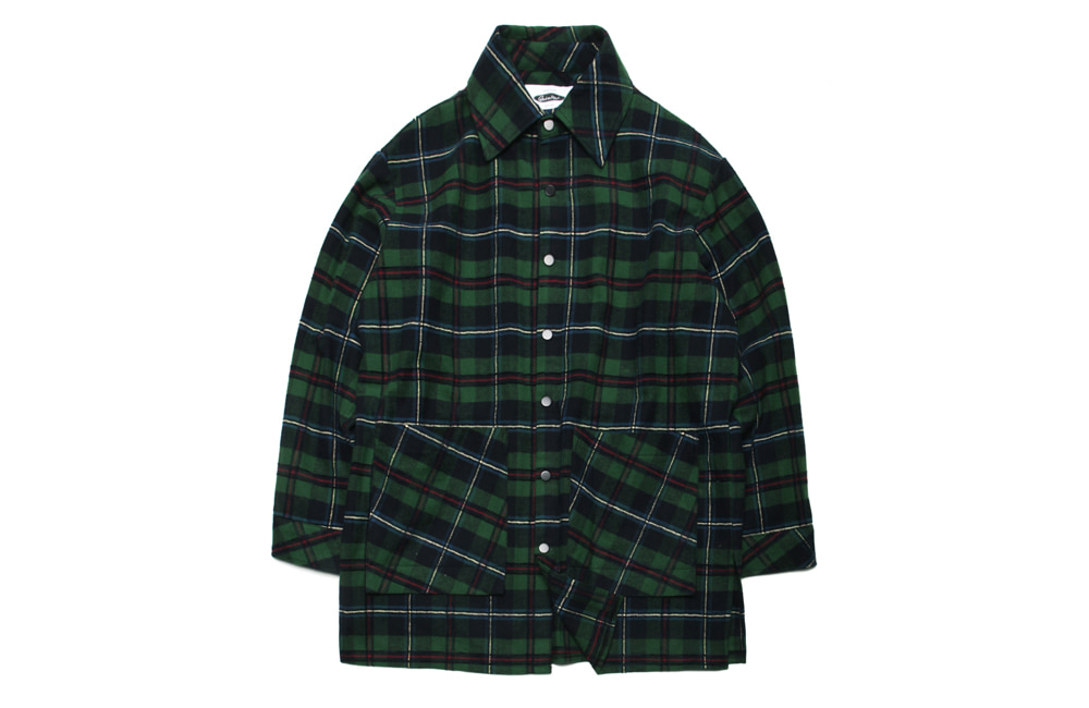 Layered Pocket Long Check Shirts (green)